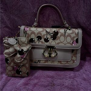 Cherry Patterned Beige Handbag and Wallet Set